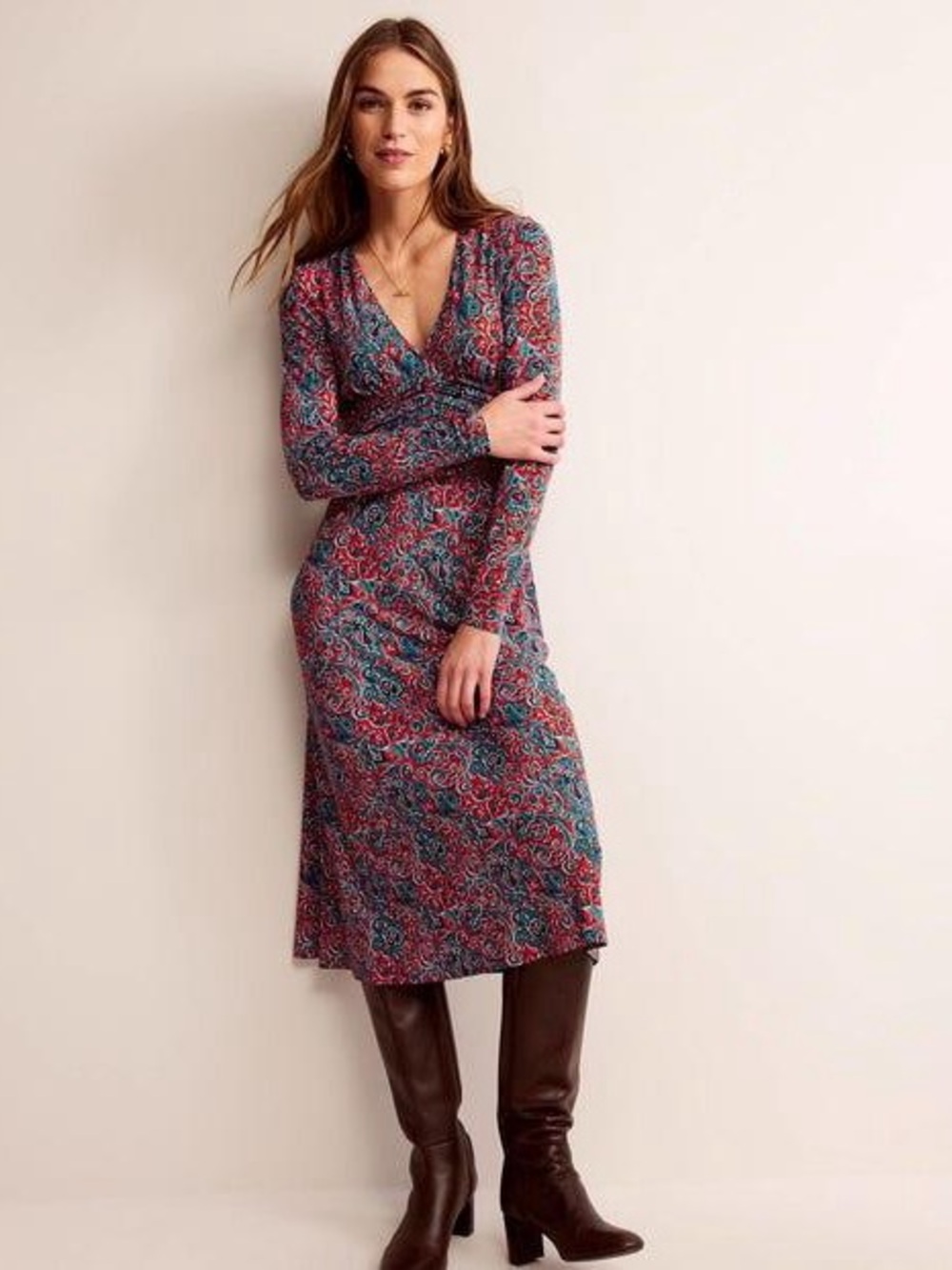 Boden Elodie Empire Midi Long Sleeve Dress Fiesta Orange Botanic Terrace 4